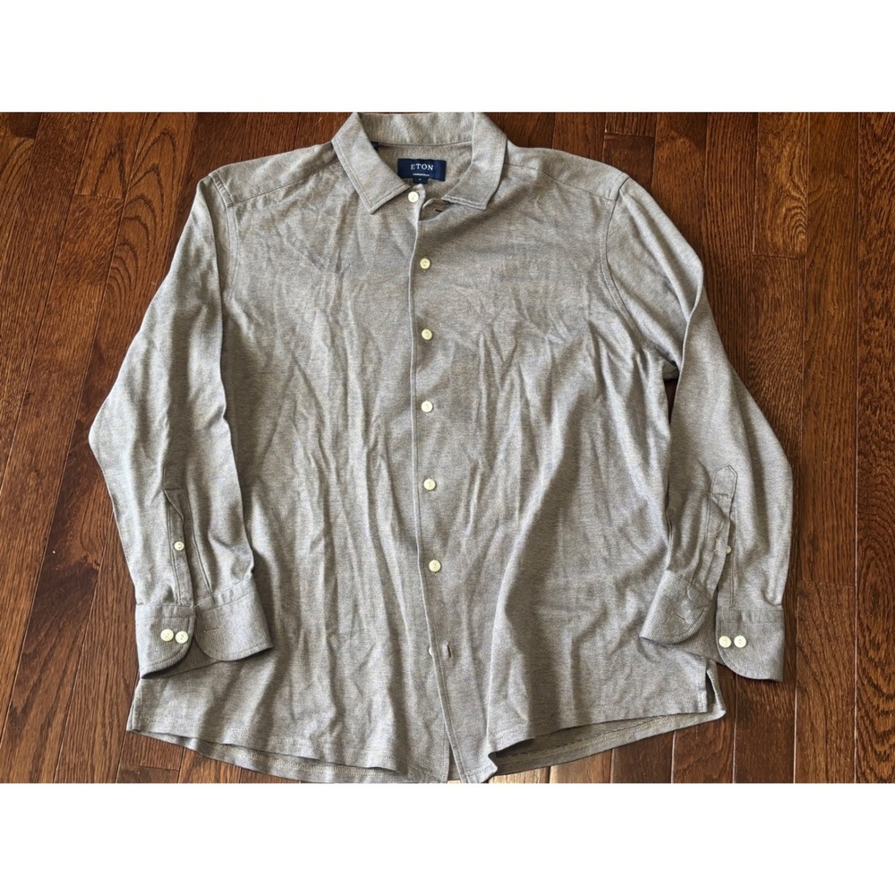 Eton Contemporary Fit Mens XL brown knit Button Down Shirt see measurements